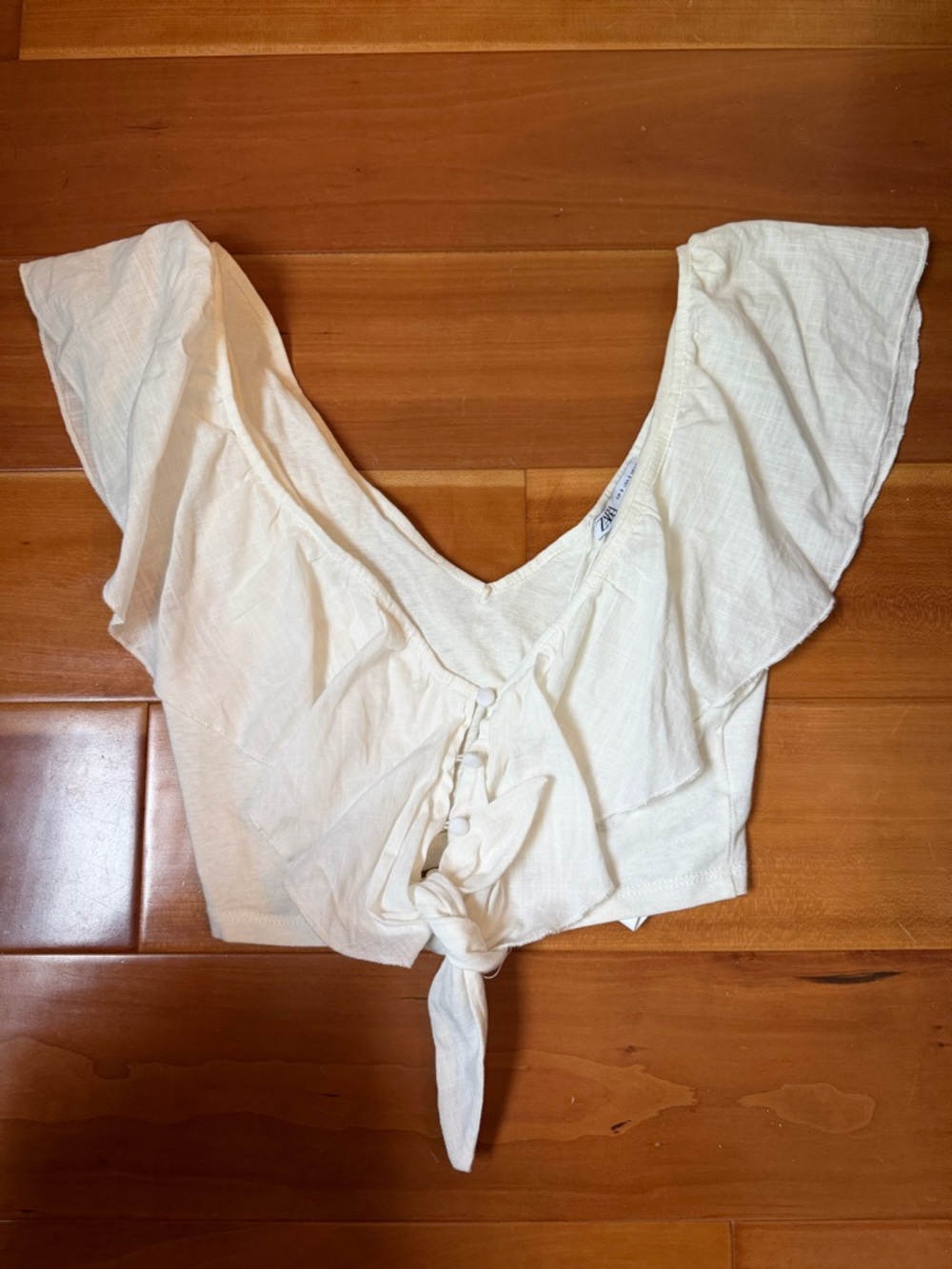 Zara Off-White Tie-Front Ruffle Crop Top - S